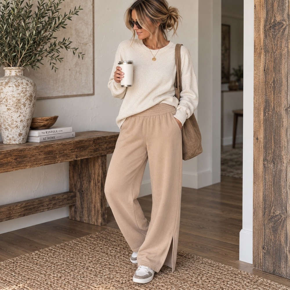 PACT Women's Medium Beige Tan Organic Cotton Wide Leg Sweatpants Side Slit
